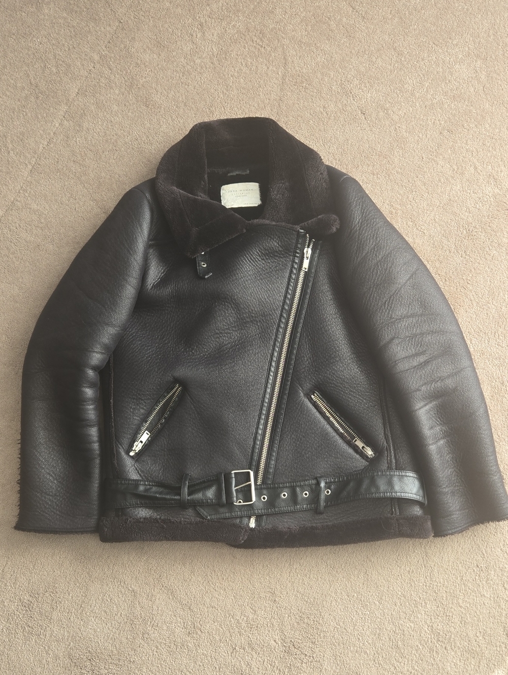 Zara Black Faux Leather Shearling-Trim Biker Jacket